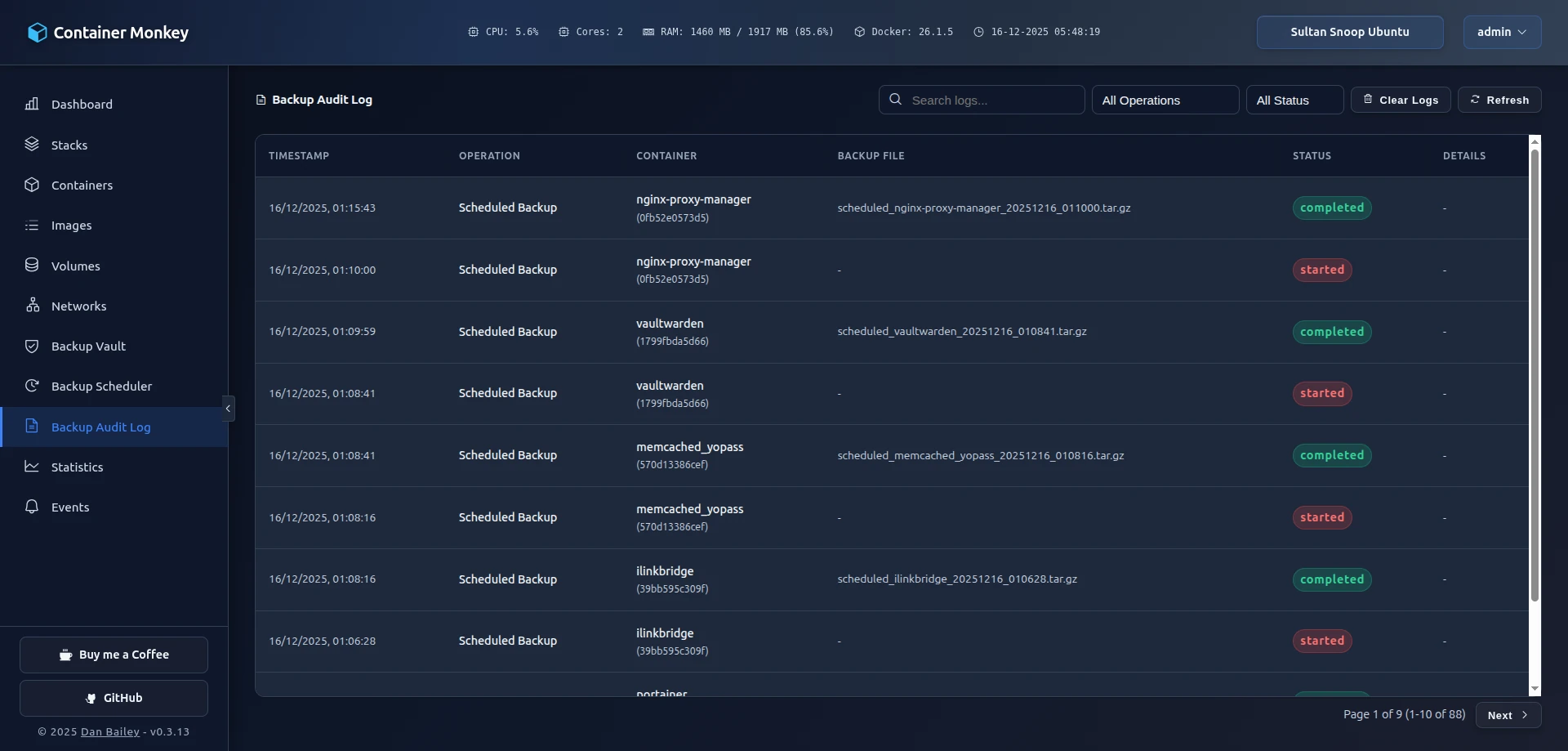 Container Monkey backup audit log interface