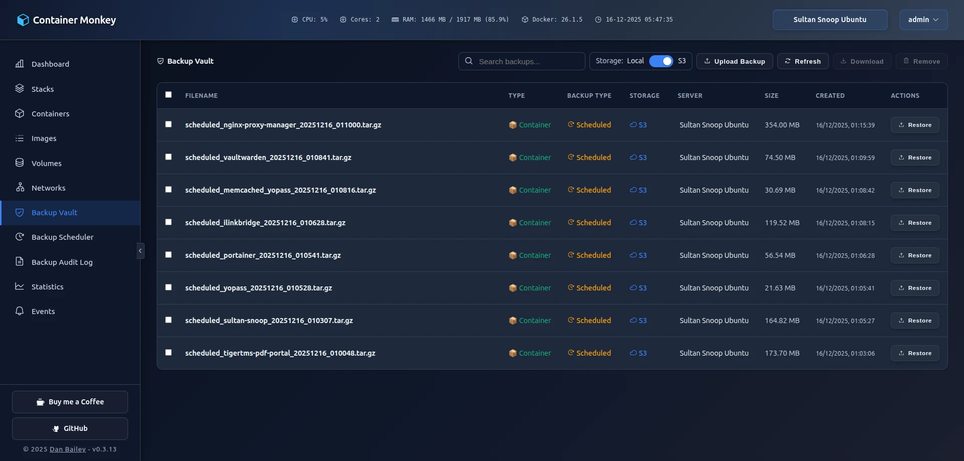 Container Monkey backup vault interface
